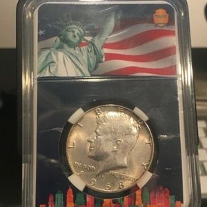 1968 D  SILVER KENNEDY HALF DOLLAR JFK COIN FLAG LABEL 50C